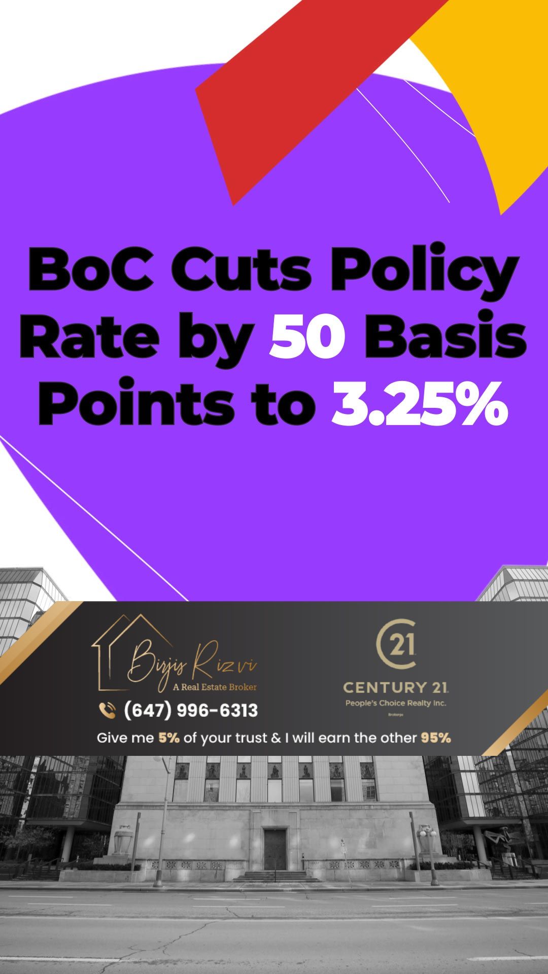 BoC Cuts Policy Rate by 50 Basis Points to 3.25%